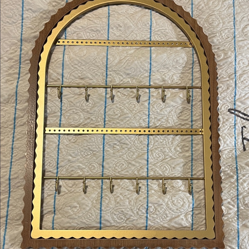 Gold and Wood Arched Wall Jewelry Organizer by